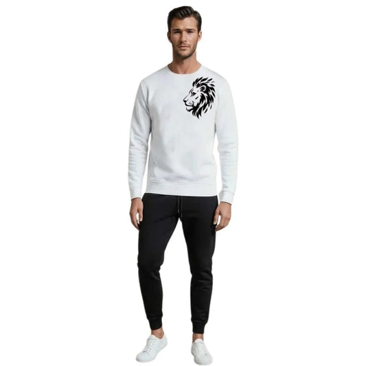 LION Printed White Tracksuit Sweatshirt & Trouser | Warm & Comfortable Winter Wear | XL