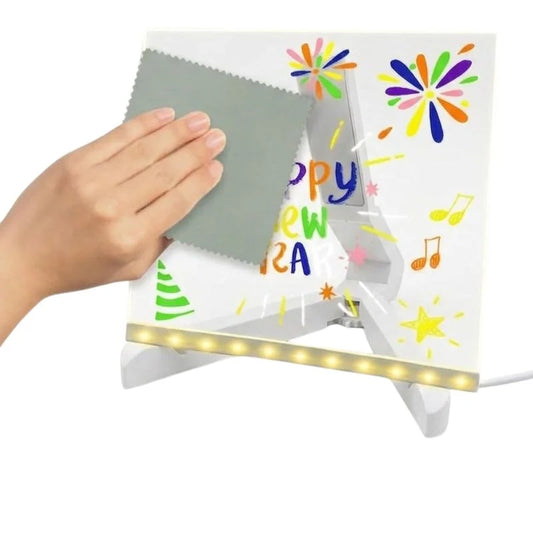 8x8 Inches LED Acrylic Writing Board with USB Light | 7 Colorful Erasable Pens | Message Board with Markers & Stand