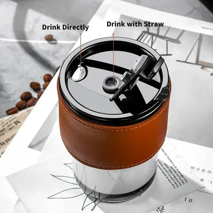 Bamboo Joint Glass Cup with Lid & Straw | 13oz Can-Shaped Tumbler with Leather Sleeve