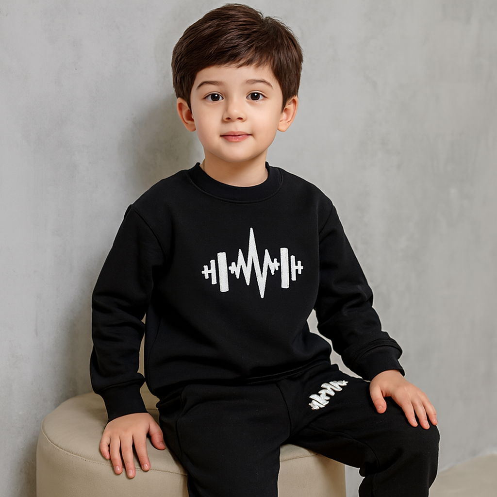 Black Cross Printed Fleece Winter Kids Tracksuit | Sweatshirt & Trousers Set for Boys & Girls – Warm & Cozy Outfit (Small)