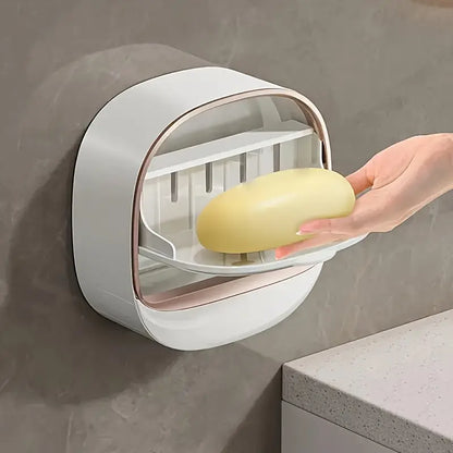Milky White | Self-Adhesive Wall-Mounted Luxury Soap Holder with Lid and Drainage Tray