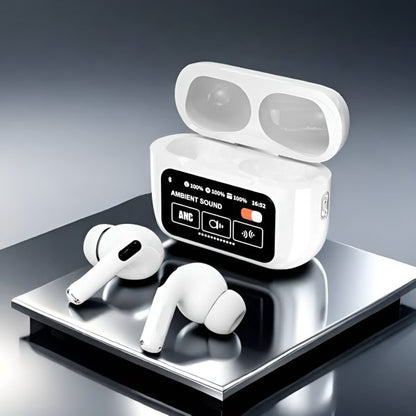 White A9 Pro ANC Bluetooth 5.4 Wireless Earbuds with Smart Screen and Active Noise Cancellation